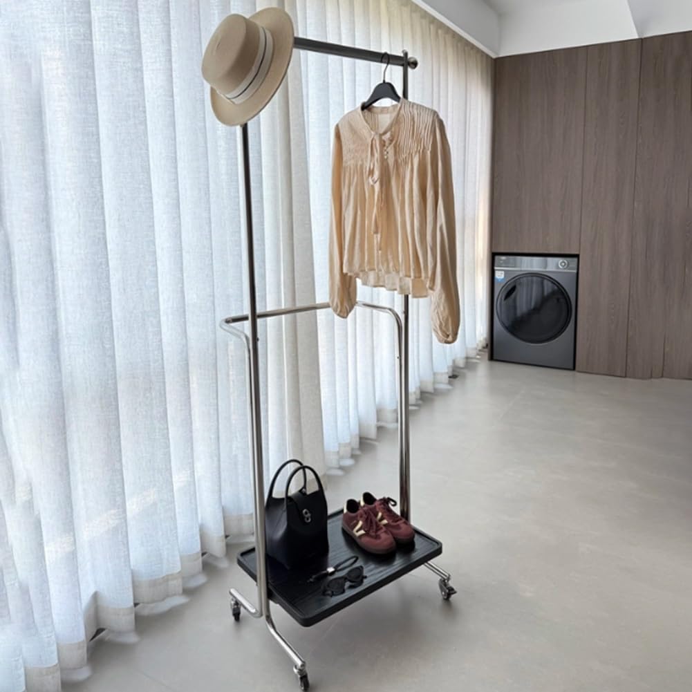 Floor-Standing Garment Rack, Freestanding Metal Coat Rack Stand, Modern Organizer with 4 Wheels for coats, Hat, scarf, jacket, purse(Black,80x40x177cm)