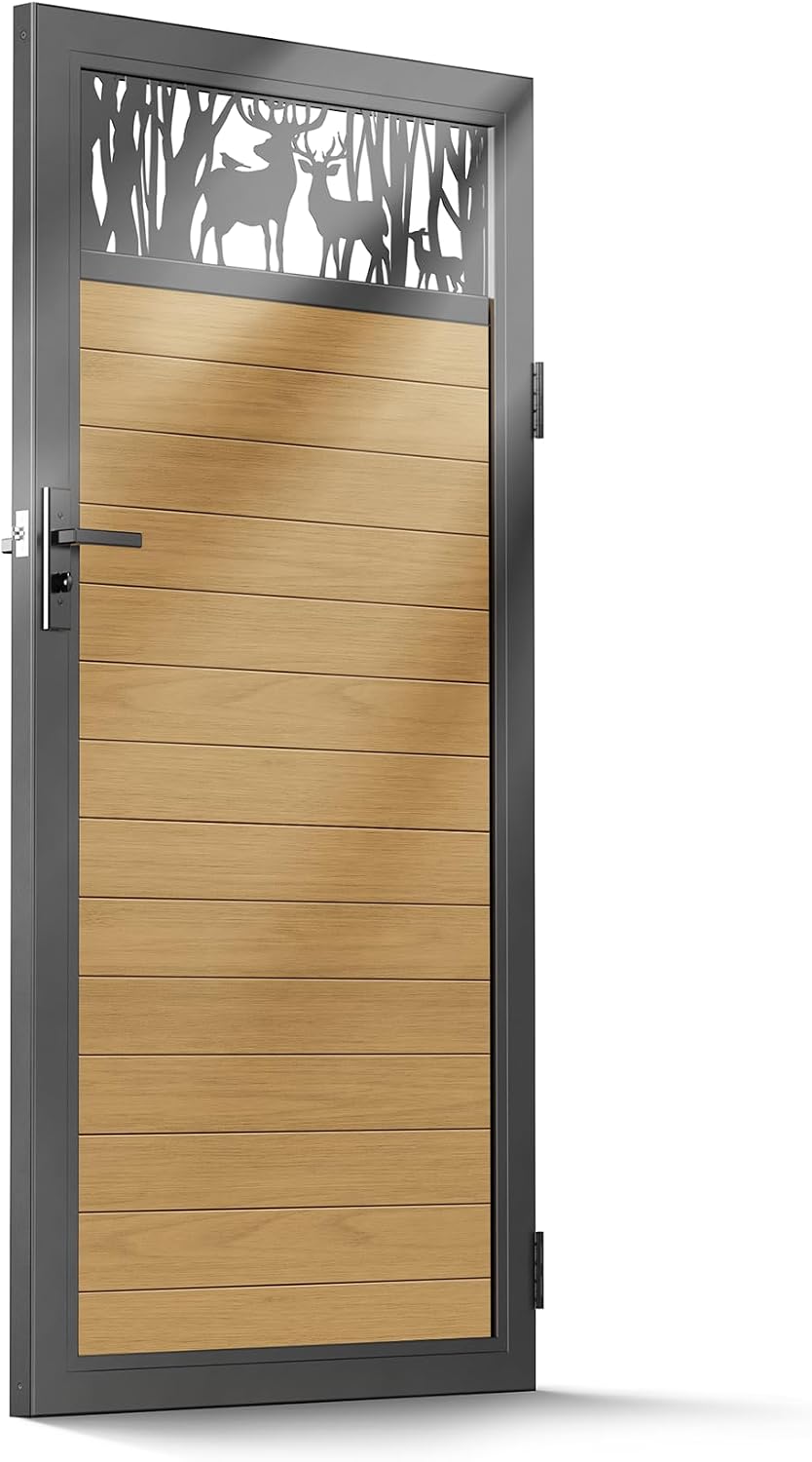 3x6 FT Aluminum Fence Gate Kit Wood Grain Aluminum Gate with Decorative Cutout, Lock & Hinges, Left/Right Opening, Weather Resistant for Yard Garden Patio