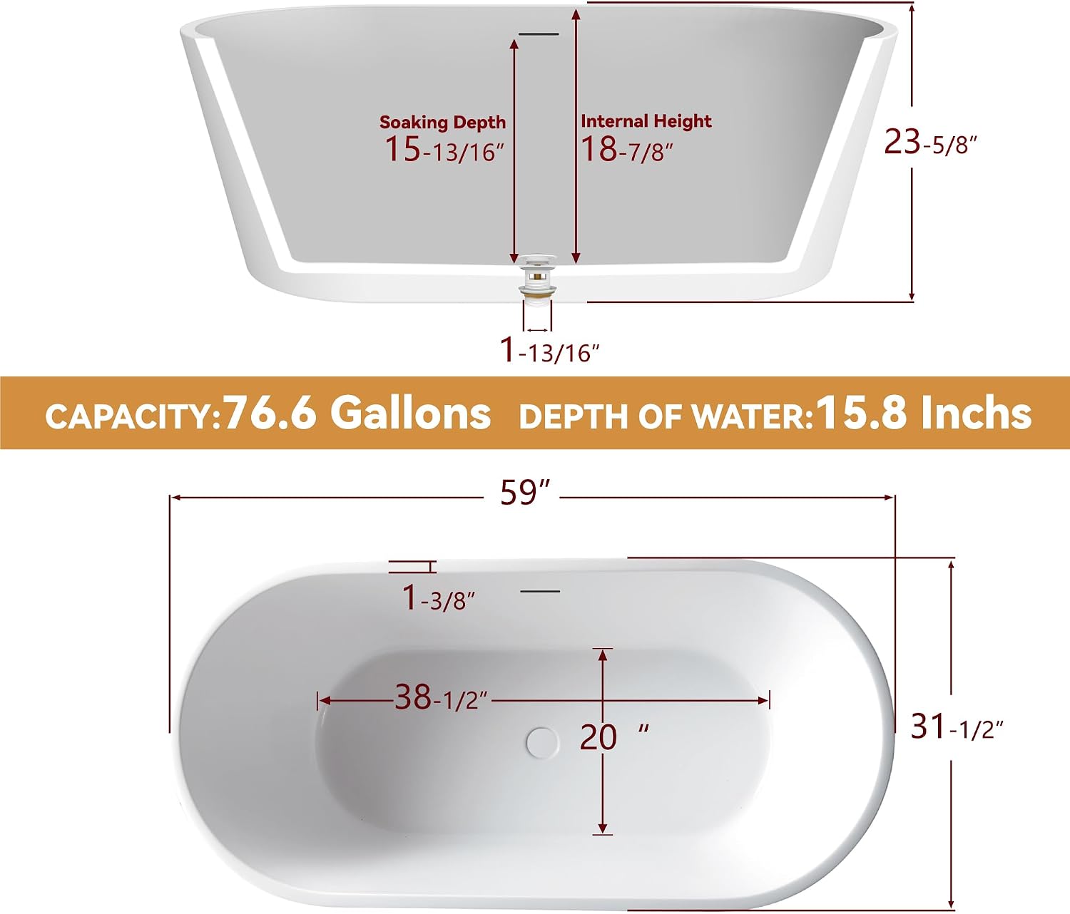 59' Free Standing Tub, Pure Acrylic Freestanding Bathtub, Stylish Stand Alone Contemporary Deep Soaking Bath Tub, cUPC Certified SY1550 (Glossy White)