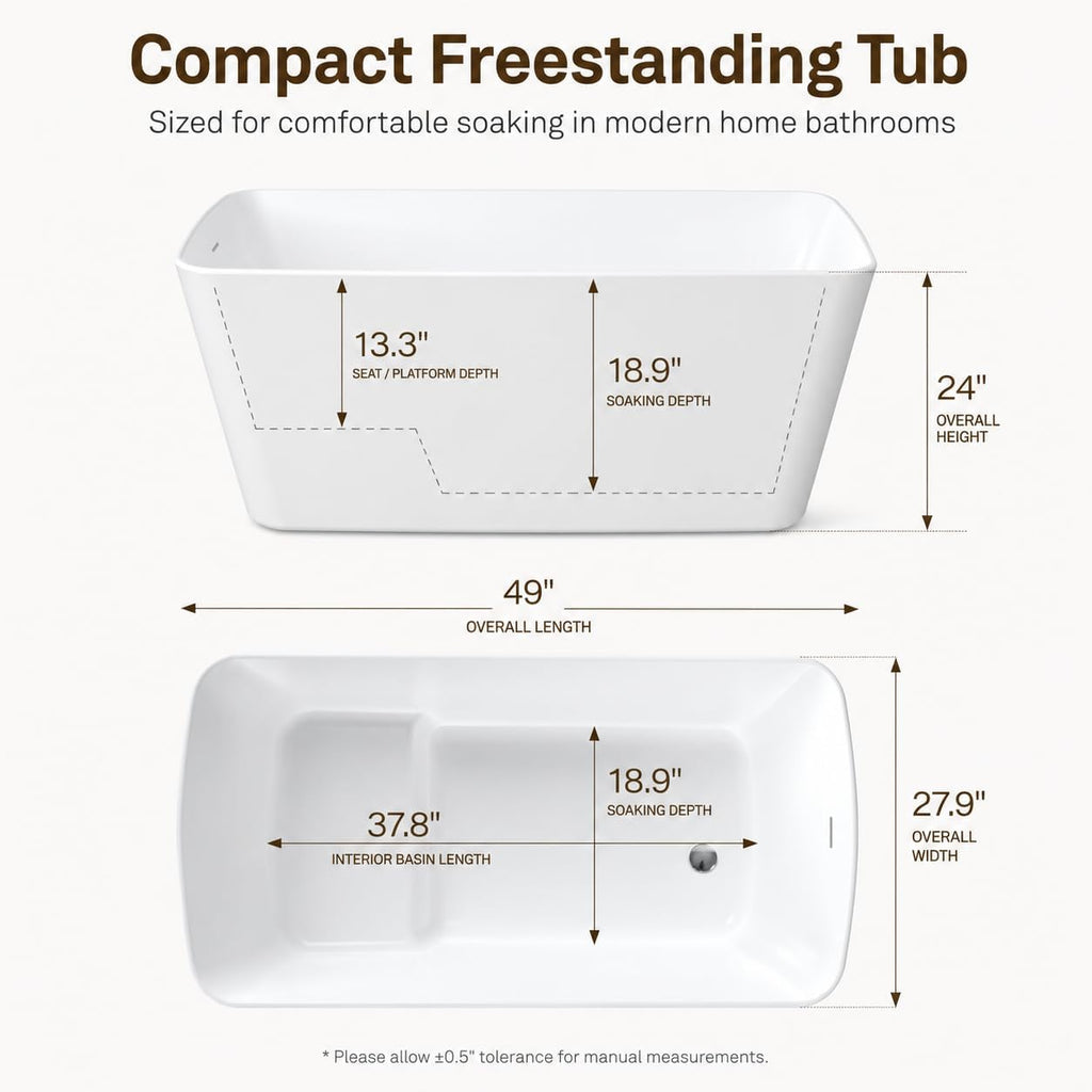GarveeLife 49' Acrylic Freestanding Soaking Bathtub, Deep Ergonomic Design,cUPC Certified Bath Tub, Double-Walled Insulation, Matte Drain & Overflow, Easy Install, Modern Bathroom Tub, All White