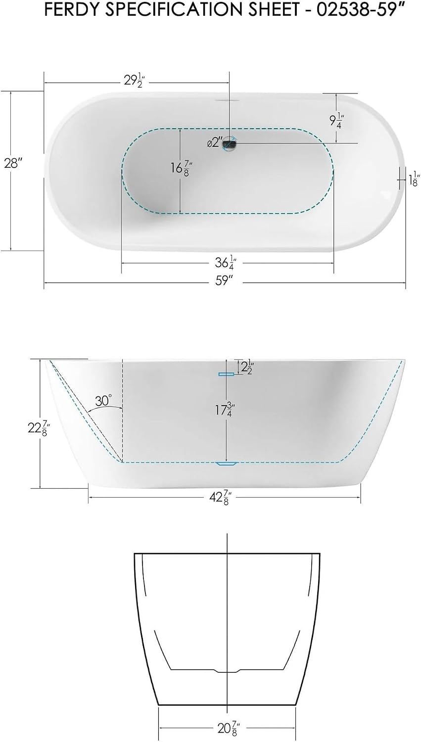 FerdY Bali 59' Acrylic Freestanding Bathtub, Gracefully Shaped Freestanding Soaking Bathtub, Toe-Tap Chrome Drain and Classic Slotted Overflow Included, Glossy White, cUPC Certified