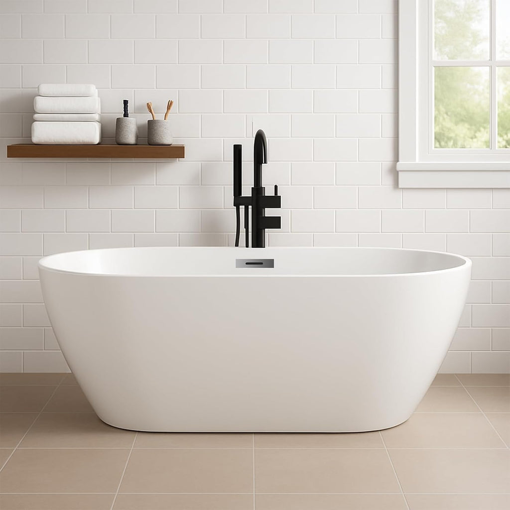 59' Acrylic Freestanding Bathtub, Modern Deep Soaking Tub, cUPC Certified Free Standing Tub, Chrome Drain/Overflow, White Acrylic, Flora White