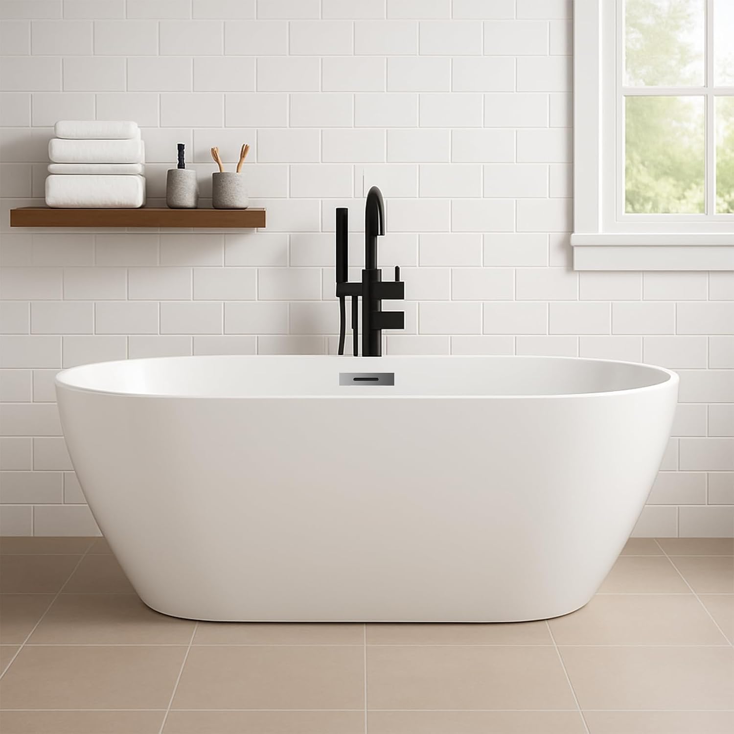 59' Acrylic Freestanding Bathtub, Modern Deep Soaking Tub, cUPC Certified Free Standing Tub, Chrome Drain/Overflow, White Acrylic, Flora White