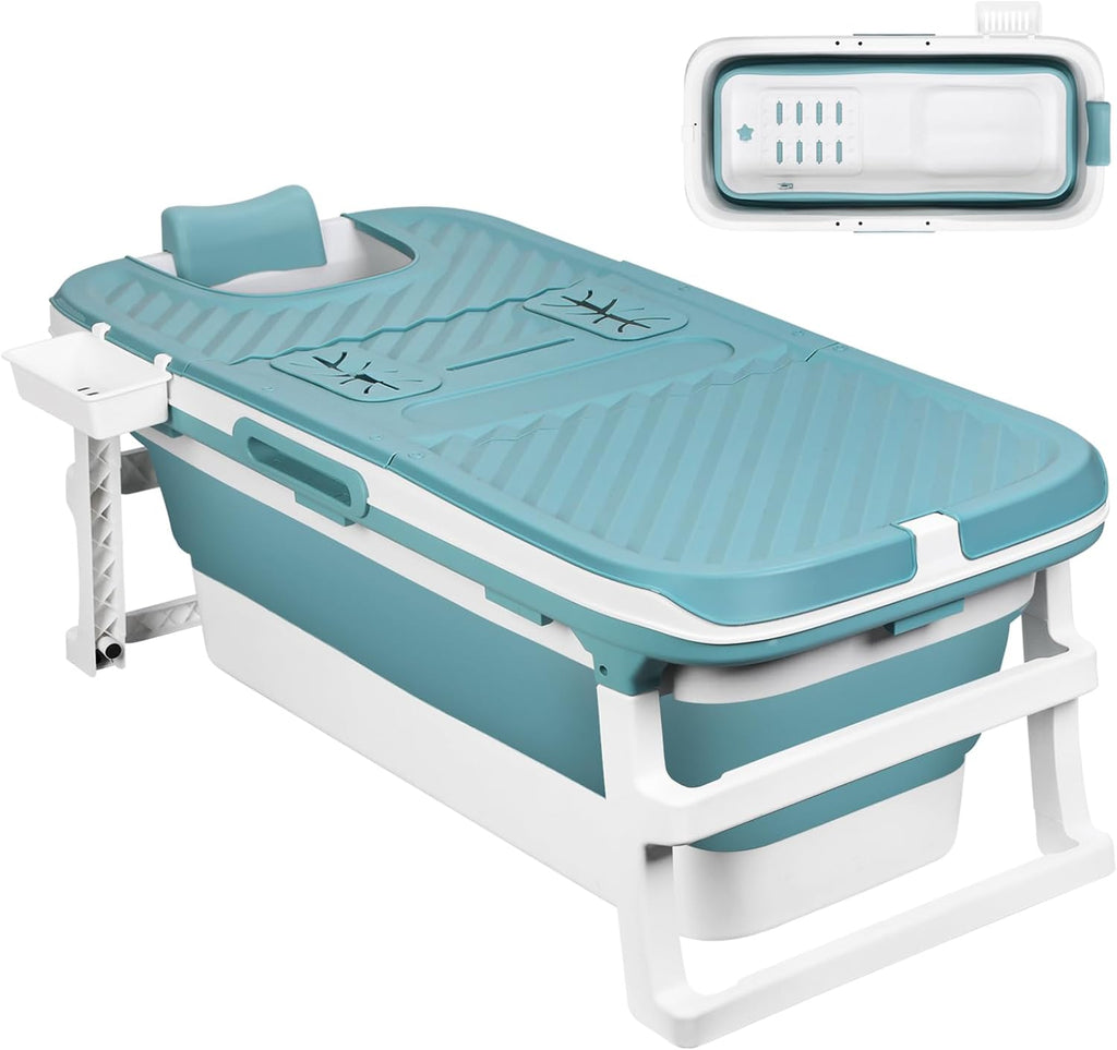 Foldable Bathtub for Adults, 55 inch Large Portable Bath tub with Storage Basket, Freestanding Surround Collapsible Bathtub, No Lid, Hot Bath, Ice Bath (Green with lid, 130cm)