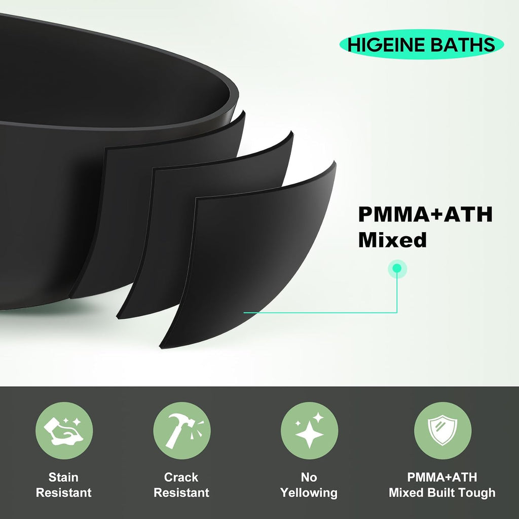65' Premium Matte Black Solid Surface Freestanding Bath Tub, Oval Stone Resin Tub with Overflow and Pop-up Drain
