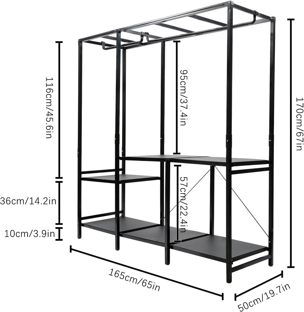 Free Standing Closet Organizer, Heavy Duty Wardrobe Closet Clothing Rack with Storage Shelvels, Carbon Steel & Oxford Cloth Cover, Dustproof, Storage Garment Rack for Bedroom, 600lbs (Black)