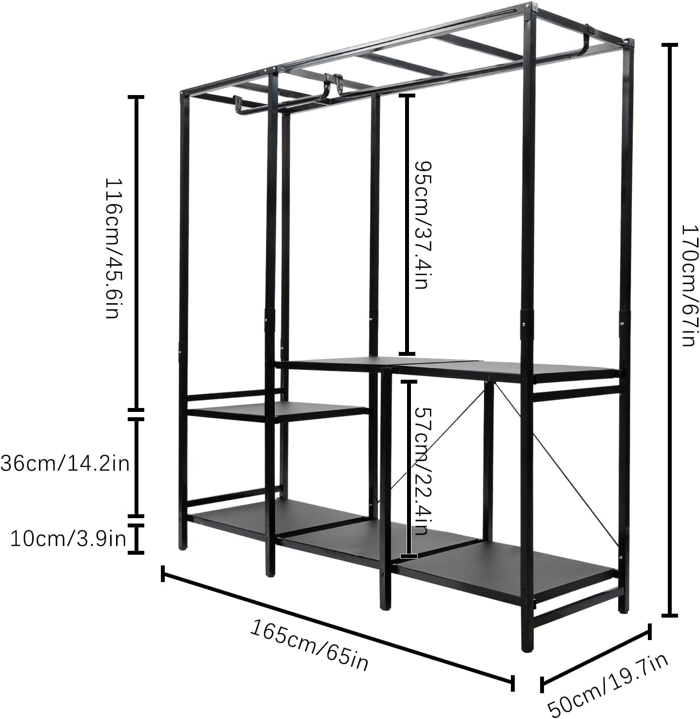 Free Standing Closet Organizer, Heavy Duty Wardrobe Closet Clothing Rack with Storage Shelvels, Carbon Steel & Oxford Cloth Cover, Dustproof, Storage Garment Rack for Bedroom, 600lbs (Black)