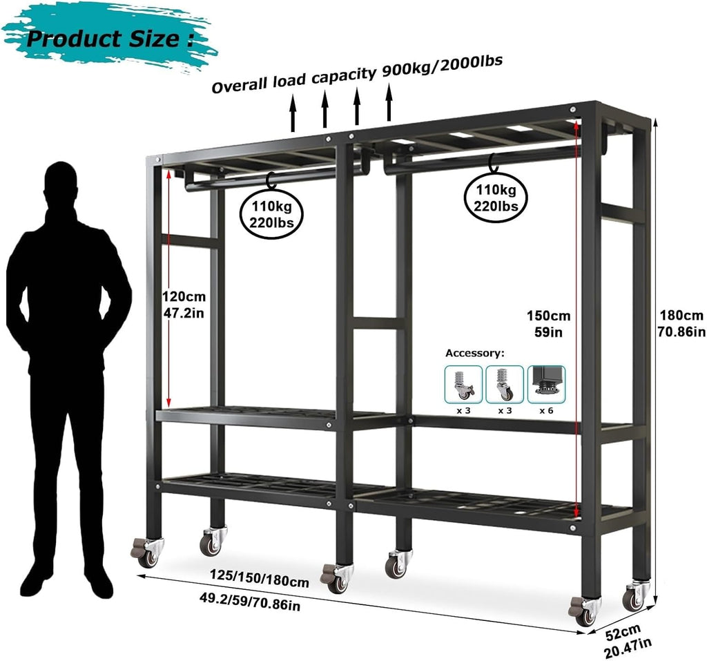 Foldable Wheeled Clothes Rack - Portable Heavy Duty Wardrobe Closet, Load 2000lbs/With Cover Bedroom Armoires Freestanding Clothing Coat Storage Rack Rolling Garment Rack For Hanging Clothes ( Size :