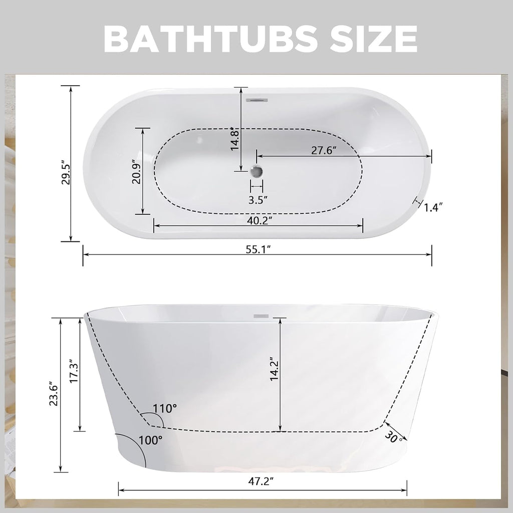 55' Freestanding Acylic Soaking Bathtub Contemporary Stand Alone Tub with Toe-Tap Chrome Drain & Overflow for Home, Long-Lasting Warmth, Gloss White