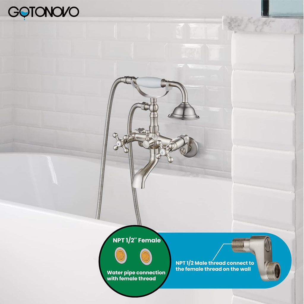 gotonovo Clawfoot Bathtub Faucet Tub Filler with Hand Held Shower Faucet Set Victorian Double Cross Handle 6 Inch Center Adjustable Swing Arms Tub Mount Short Adapter Brushed Nickel