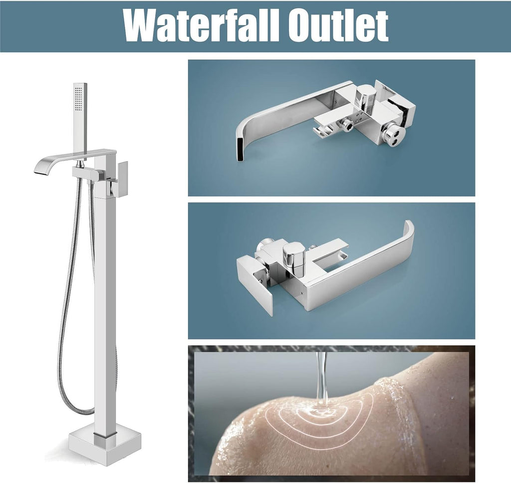 Aolemi Freestanding Bathtub Faucet Floor Mount Tub Filler with Handheld Spray Single Handle Free Standing Bathroom Faucets Swivel Curved Waterfall Spout Polish Chrome