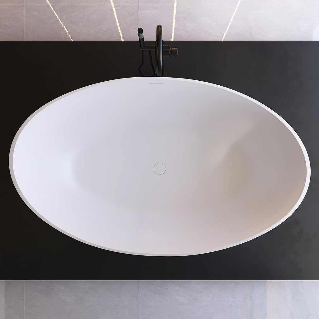 63' Wave Shape Freestanding Bathtub, Solid Surface Matte White | Modern Stand Alone Tub, Resin Stone, Overflow and Drain Saoking Bath Tub