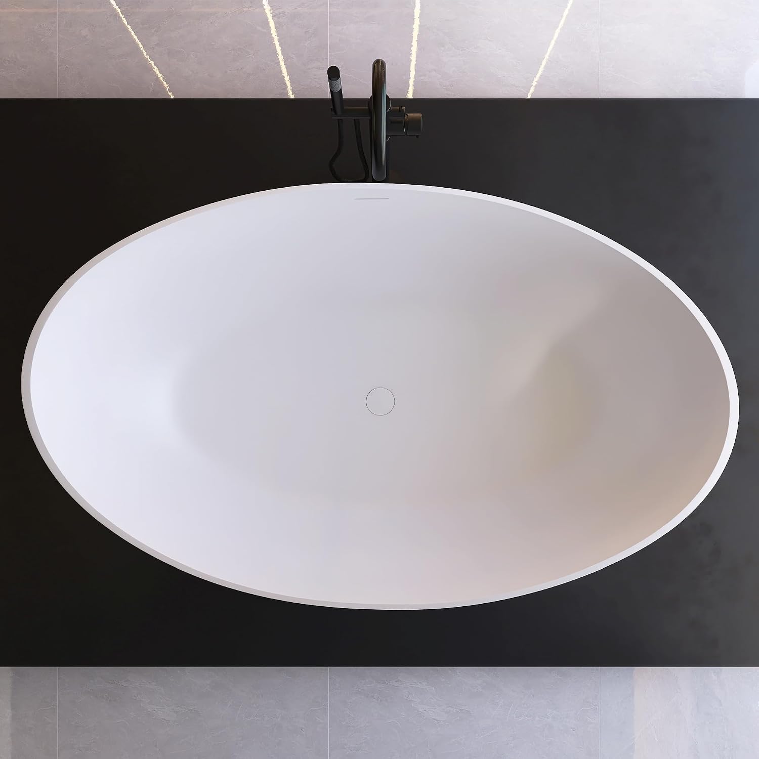 63' Wave Shape Freestanding Bathtub, Solid Surface Matte White | Modern Stand Alone Tub, Resin Stone, Overflow and Drain Saoking Bath Tub