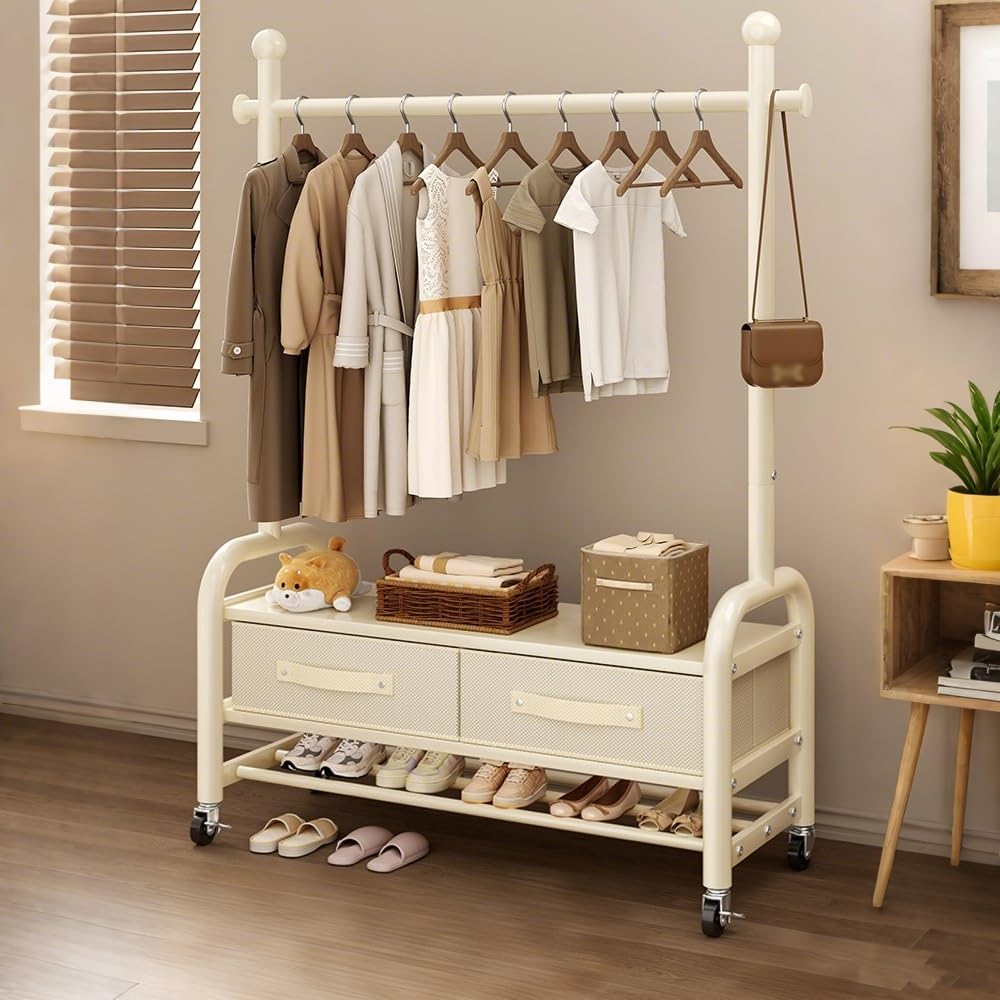 Heavy-Duty Clothes Rack With Wheels,Portable Metal Garment Rack With Storage Shelves And Coat/Hat Hooks,Freestanding Clothing Racks For Hanging Clothes,White(60cm(23.6in))