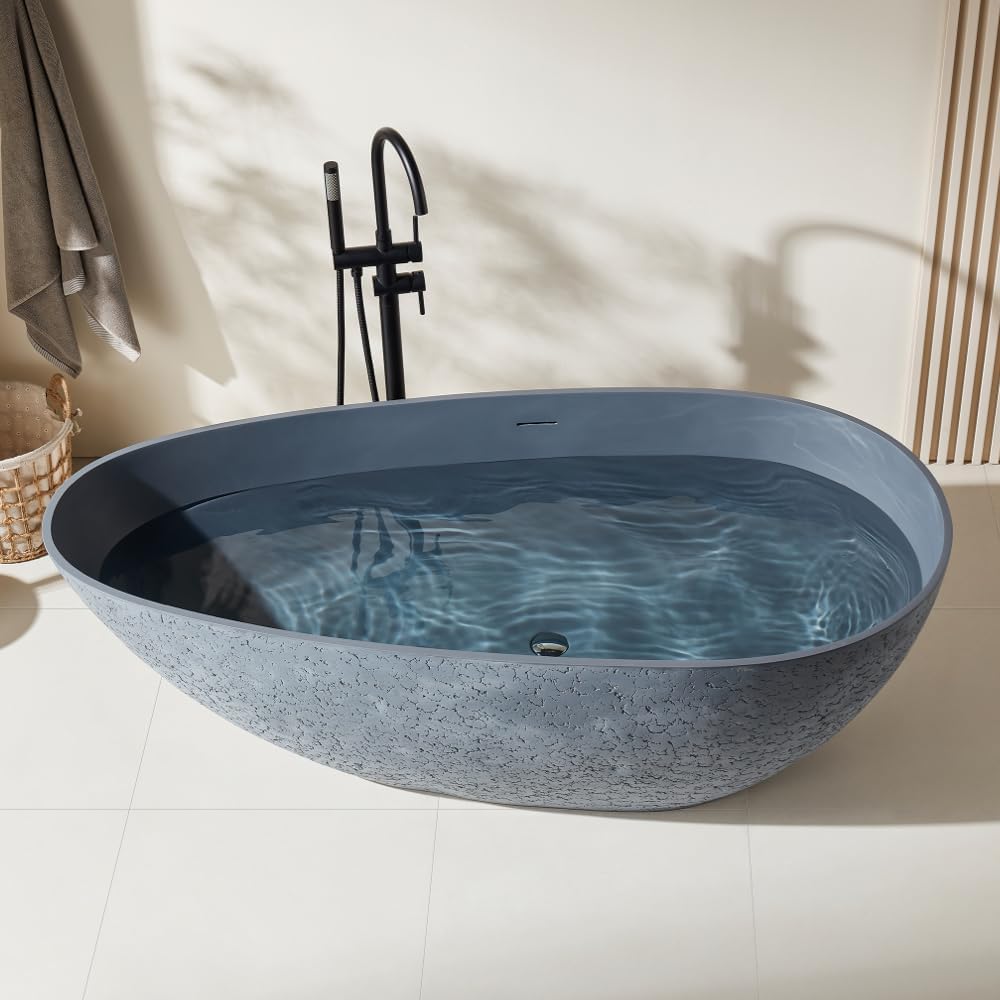 67' Stone Resin Luxury Contemporary Solid Surface Freestanding Bathtub in Cement Point Treatment Oval Tub