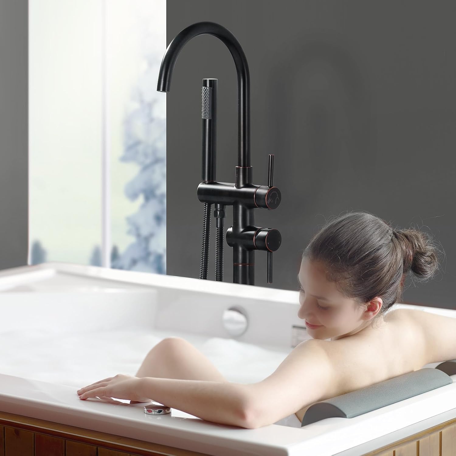 Freestanding Tub Filler Faucet, Floor Mount Oil Rubbed Bronze Bathtub Faucet with Single Handheld Shower, Brass Shower Tub Faucet Set Complete, Bathtub Faucet with Shower