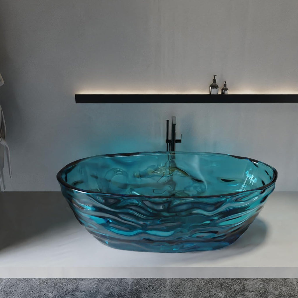 Cpingao 66' Resin Transparent Freestanding Bathtub, Contemporary Oval Stand Alone Tubs, Translucent Resin Freestanding Bath 1670 MM with Drain Lake Blue 8851-1700-BLUE
