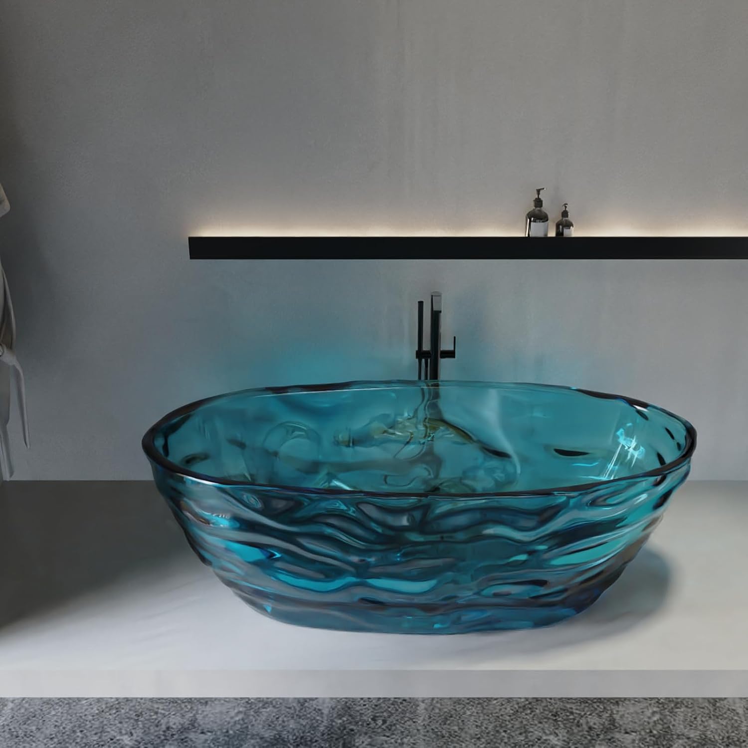 Cpingao 66' Resin Transparent Freestanding Bathtub, Contemporary Oval Stand Alone Tubs, Translucent Resin Freestanding Bath 1670 MM with Drain Lake Blue 8851-1700-BLUE