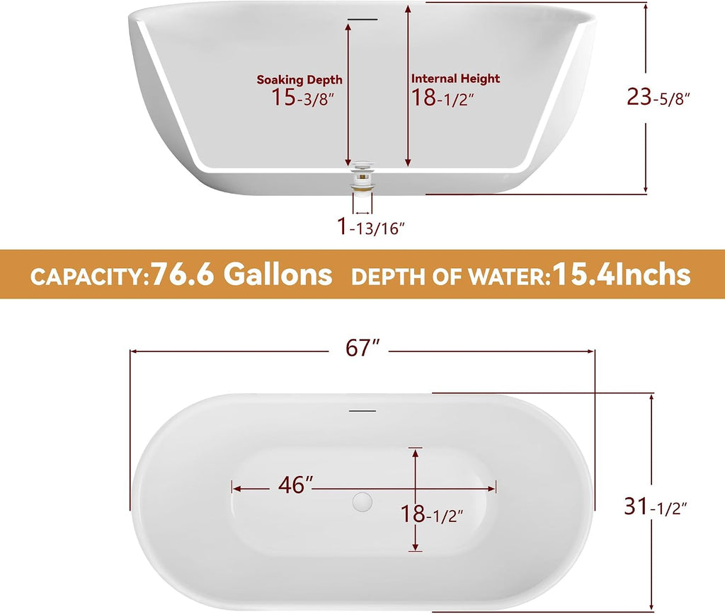 67' Free Standing Tub, Pure Acrylic Freestanding Bathtub, Stylish Stand Alone Tub, Contemporary Deep Soaking Bath Tub, cUPC Certified SY6870 (Glossy White)