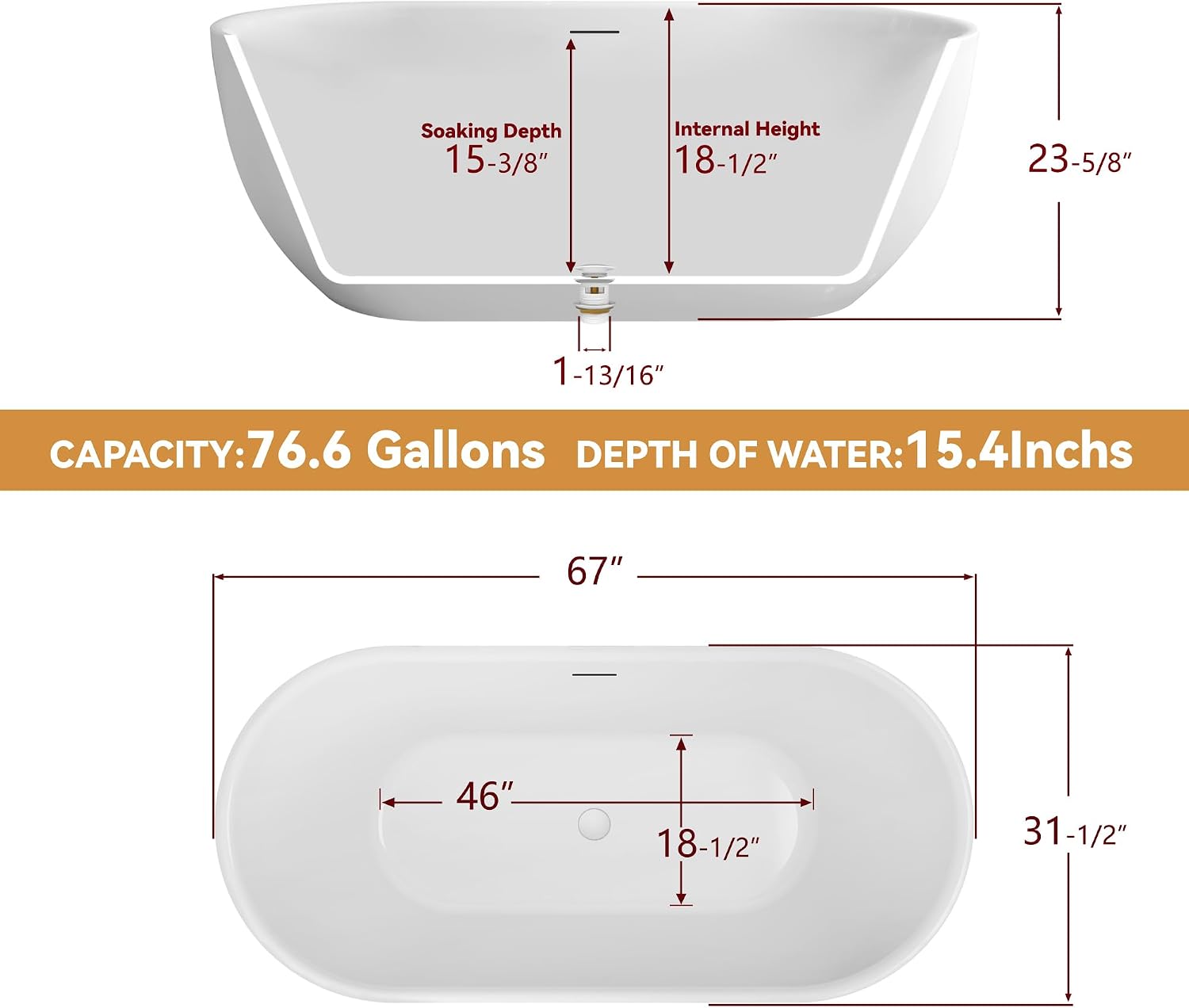 67' Free Standing Tub, Pure Acrylic Freestanding Bathtub, Stylish Stand Alone Tub, Contemporary Deep Soaking Bath Tub, cUPC Certified SY6870 (Glossy White)