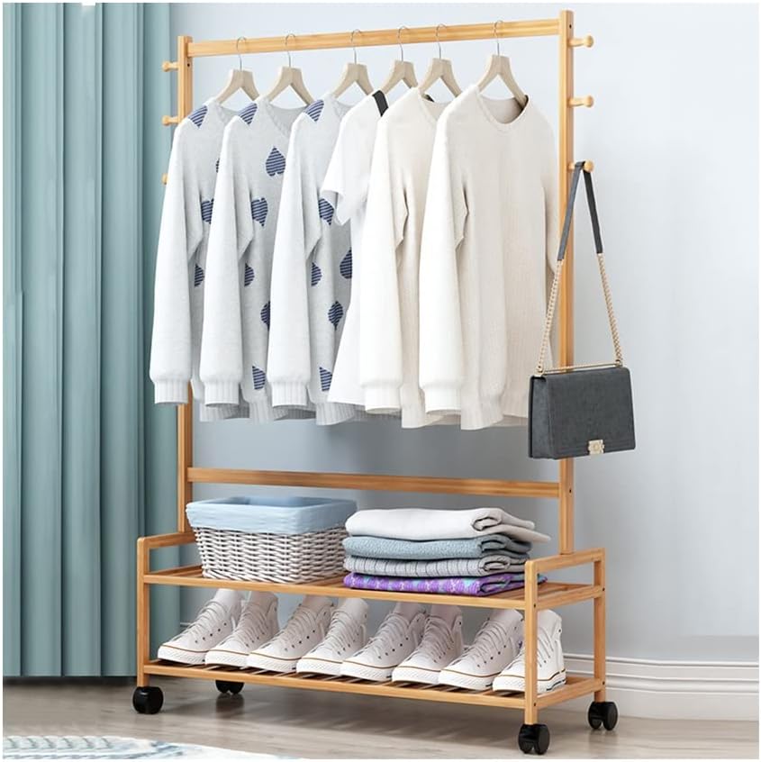 Clothing Garment Rack with Shelves Wooden Rolling Clothes Organizer Bedrooms Clothes Rails Heavy Duty Open Wardrobe Coat Stands Multifunctional Small Closet(