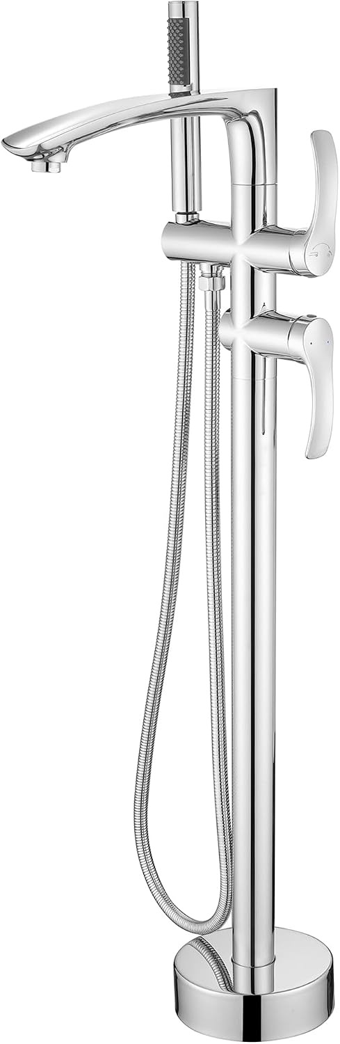 Free Standing Bathtub Faucets, Shiny Chrome Stainless Steel Floor Mount Tub Filler with 360 Rotating Spout and Hand Shower, High Flow Silver Faucet for Bath Tub JXM-F001CP