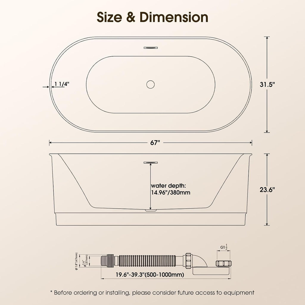 67' Acrylic Freestanding Bathtub, 15' Deep Soaking Tub with Integrated Overflow & Drain, CUPC Certified Free Standing Tub, Chrome Drain Bath Tub, Modern Tub for Bathrooms, Flip-edge White
