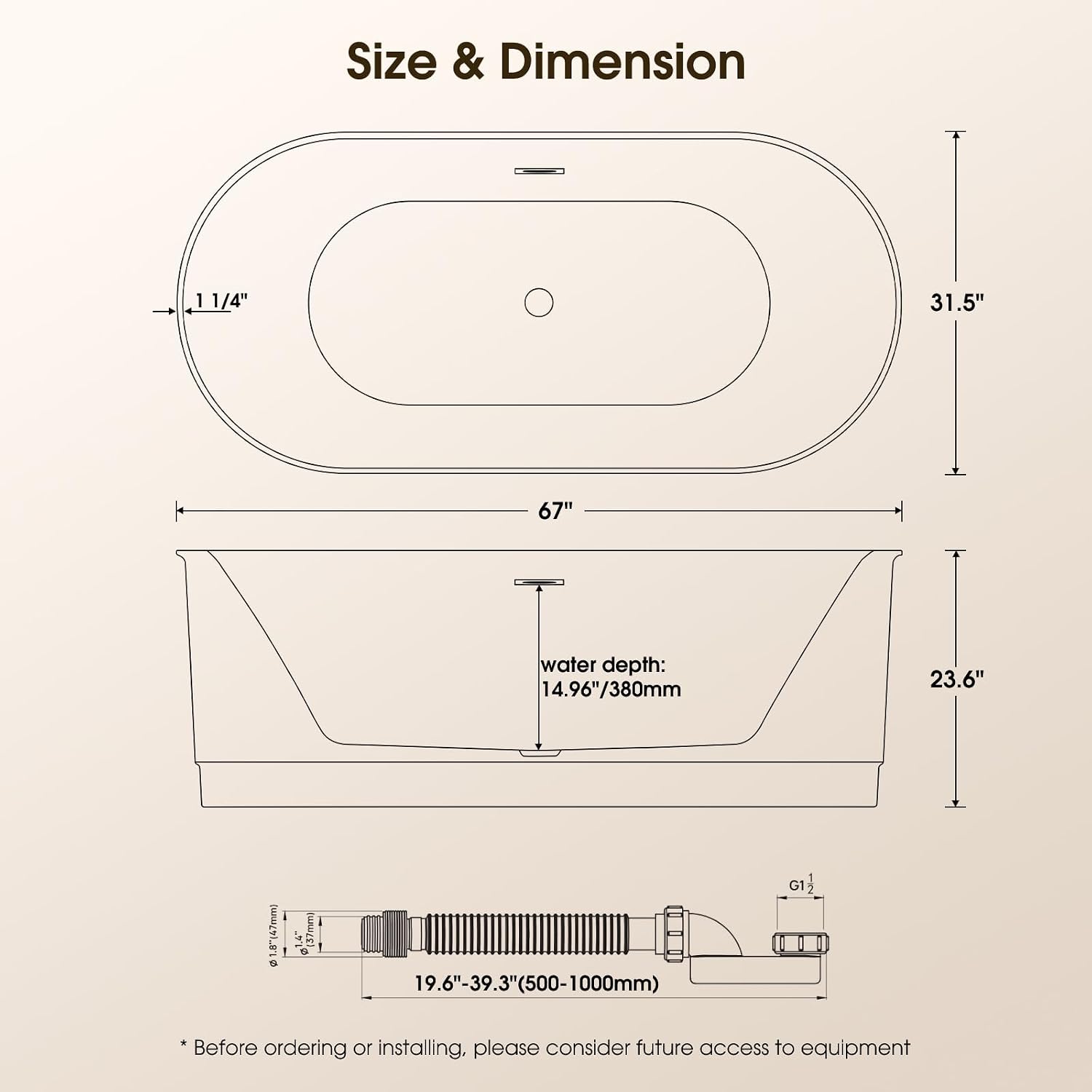 67' Acrylic Freestanding Bathtub, 15' Deep Soaking Tub with Integrated Overflow & Drain, CUPC Certified Free Standing Tub, Chrome Drain Bath Tub, Modern Tub for Bathrooms, Flip-edge White