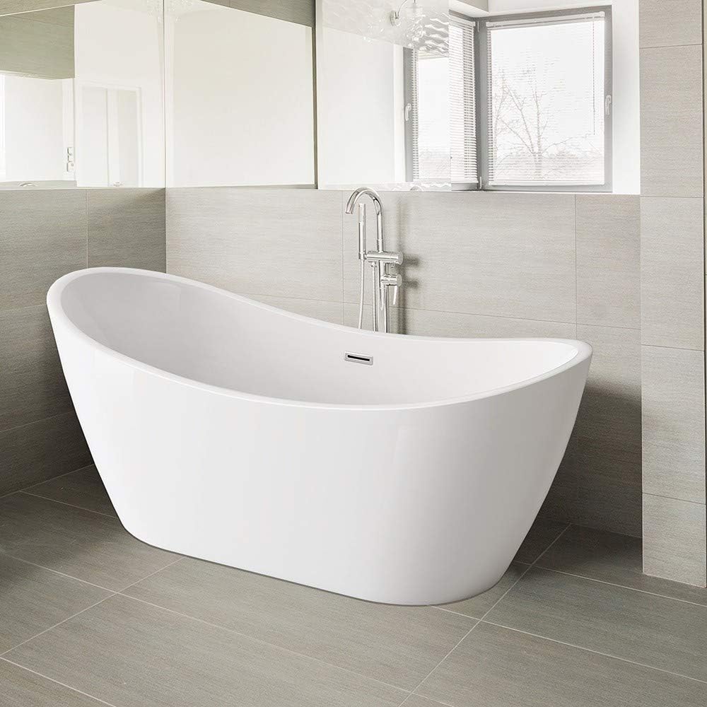 WOODBRIDGE BTA-1516 Acrylic Freestanding Bathtub Contemporary Soaking Tub with Brushed Nickel Overflow and Drain, BTA1516, 59' B-0016 White