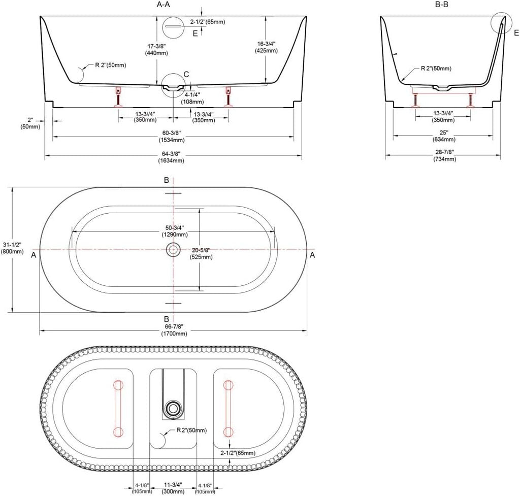 Dowell 67' x 31' Freestanding Bathtub, Acrylic Soaking Tubs, Fluted Design Oval Shape Bathtub W,Matte White-081 6731 01