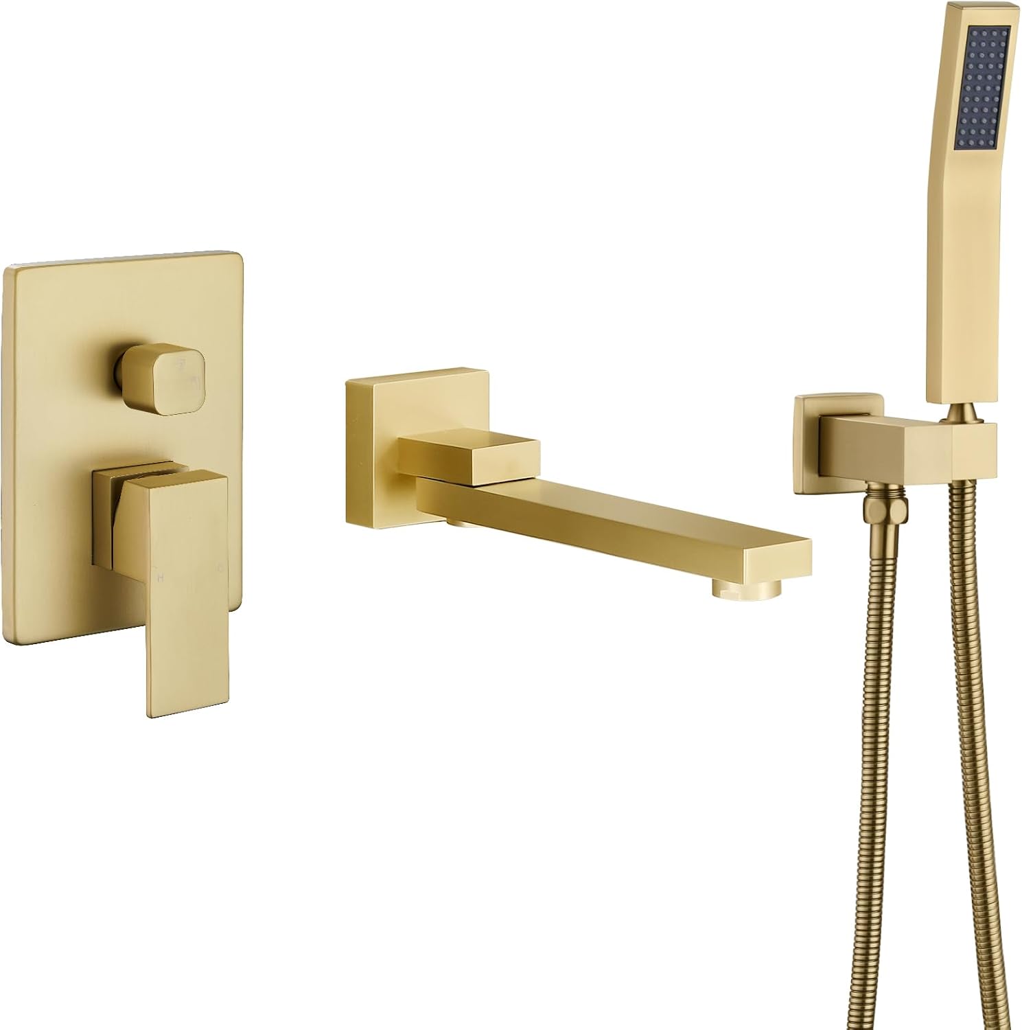 DASAN Swiveling Wall Mount Tub Filler Faucet Set with Hand Held Shower, Brushed Gold Modern Creative Bathtub Faucet Wall Mounted Bath Tub Faucet with High Flow Rough in Valve, SA-TF05WH-BG