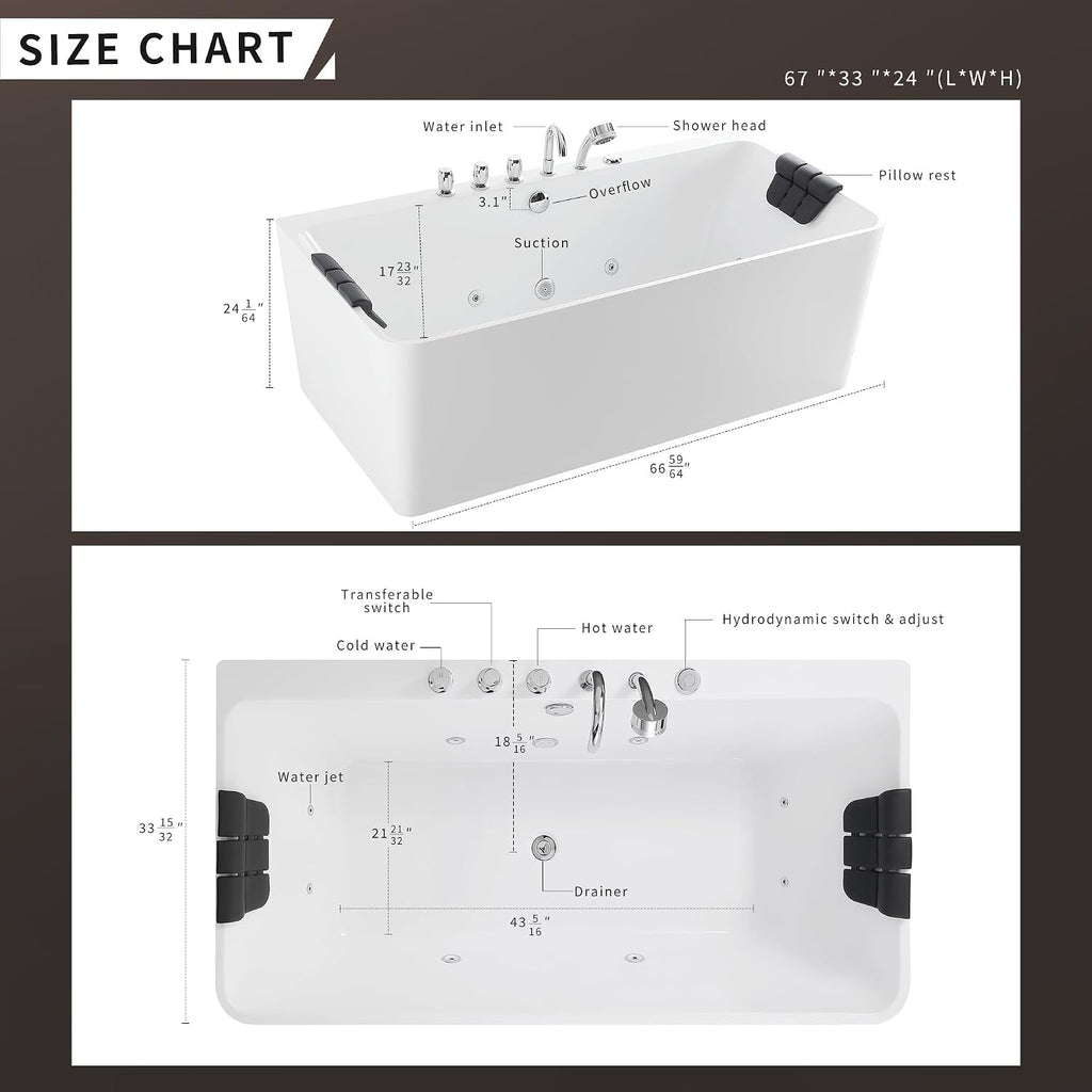 Whirlpool Bathtub 67 in. Acrylic Freestanding Bath Tub Hydromassage Gracefully Rectangle Shaped 8 Water Jets Soaking SPA, Double-Ended Massage Bathtubs with Black Pillows , White