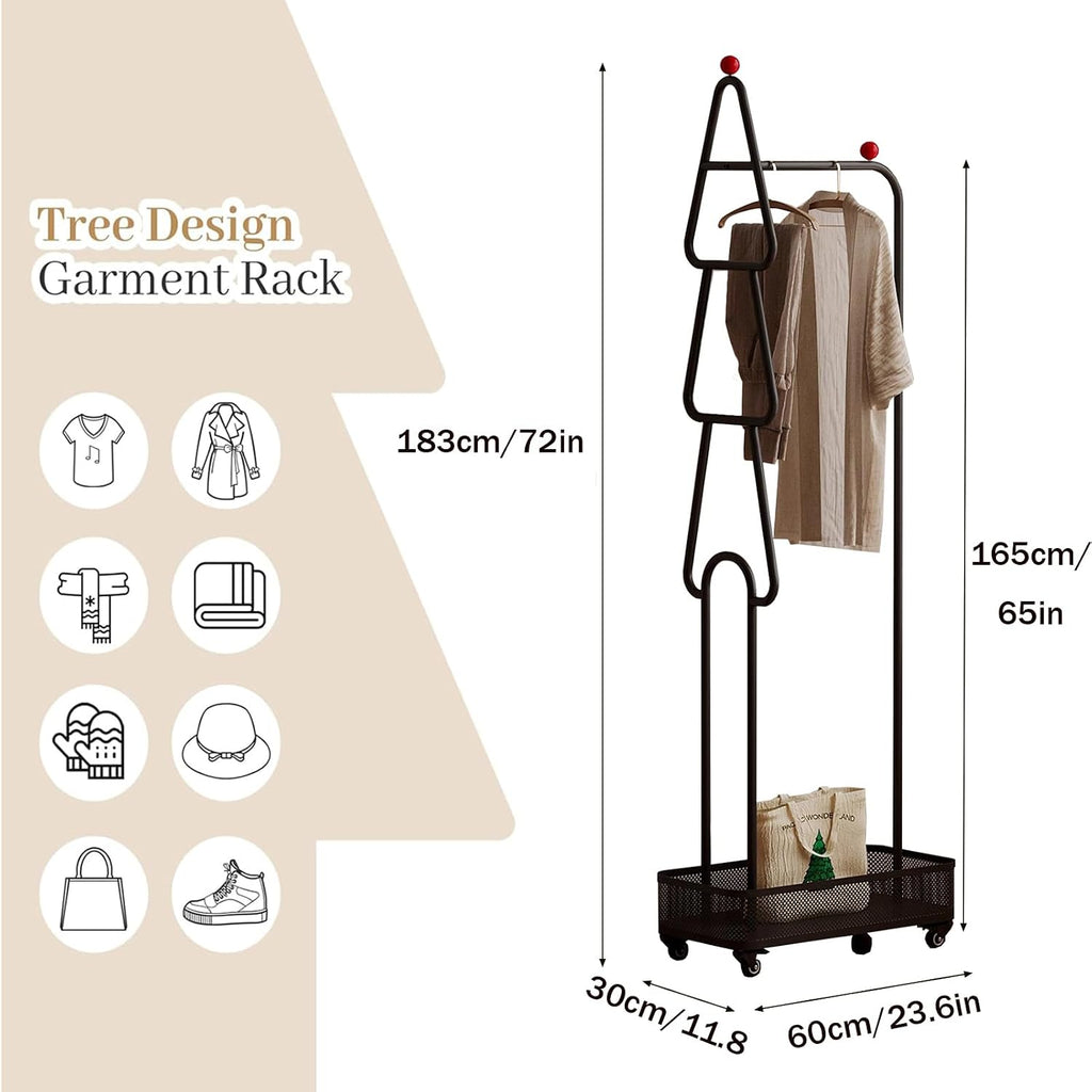 Garment Rack Small Clothes Racks for Hanging Clothes, Metal Clothing Rack with Wheels, Freestanding Coat Rack with Storage Basket, Portable Wardrobe Rack for Bedroom and Small Space, Black