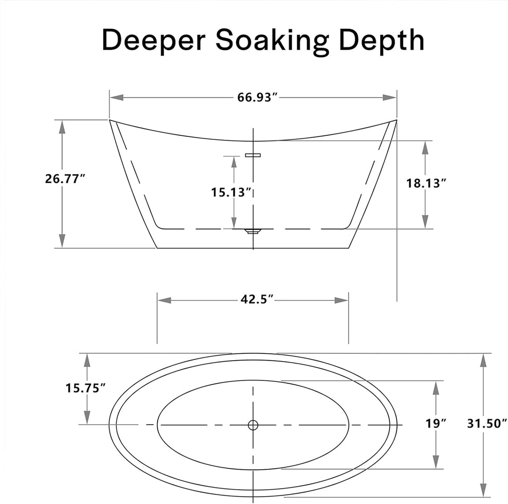 67' Luxury Freestanding Bathtub - Deep Soak Acrylic Tub for Master Bathroom, Modern Standalone Shower Tub with Overflow Drain, Non-Slip Flat Bottom Design, Spa Experience at Home,cUPC Certified