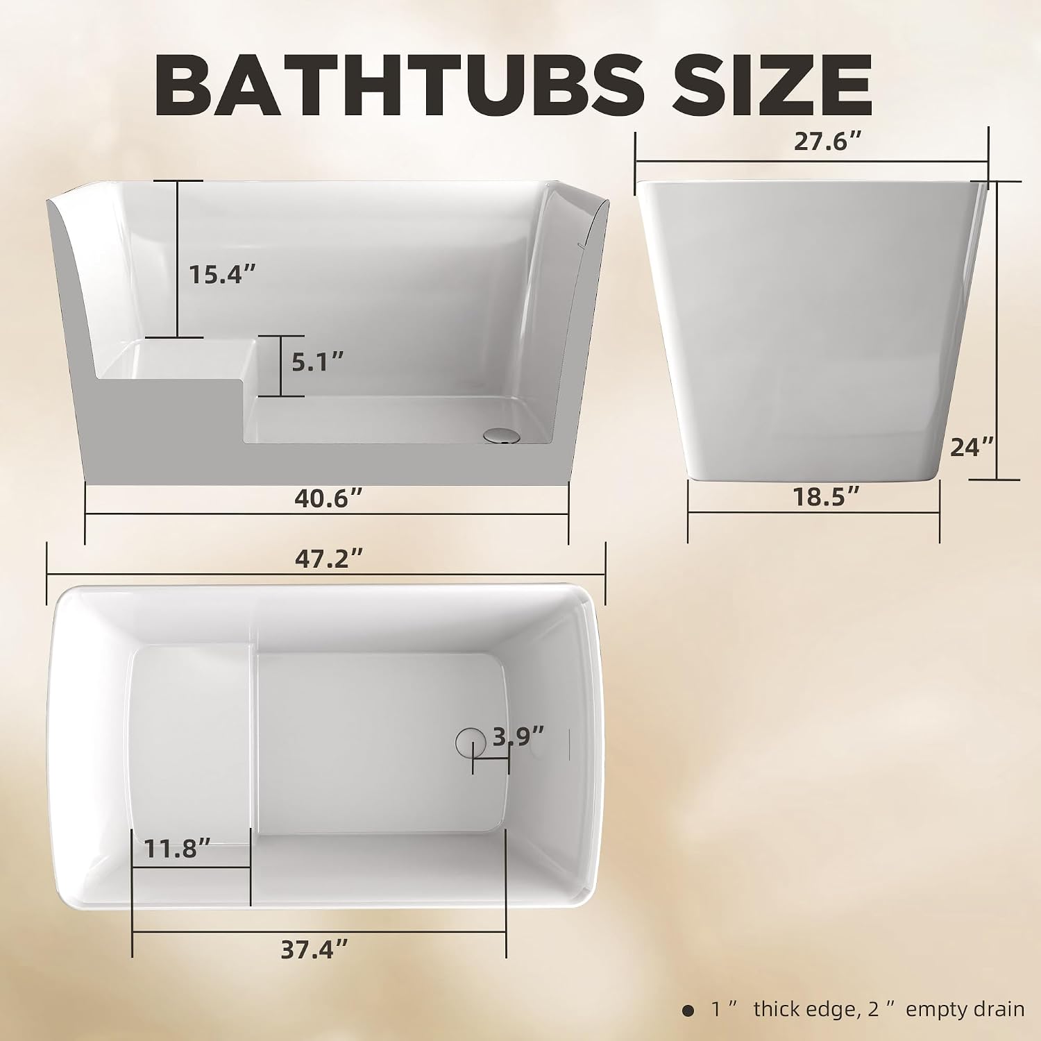 47' Acrylic Freestanding Bathtub, Square Shaped Japanese Soaking Tub with Seat Design, Stand Alone Tubs W/Pop-UP Chrome Drain, Slotted Overflow, cUPC Certified, Glossy White