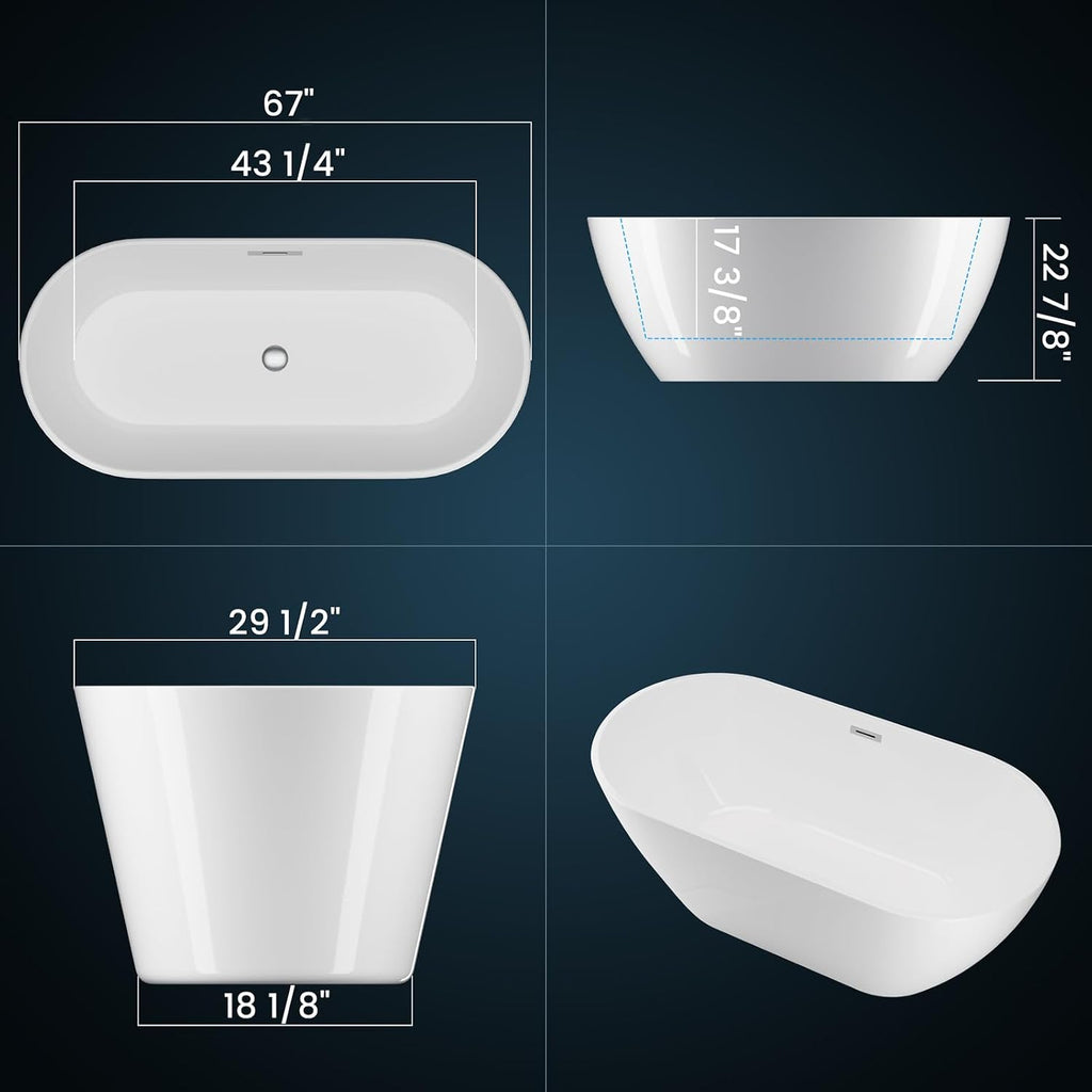 67 Inch Freestanding Acrylic Bathtub, Modern Soaking Tub with Chrome Overflow & Drain, CUPC Certified, Deep Soaking Design for Luxurious Spa Experience, Contemporary Bathroom Centerpiece