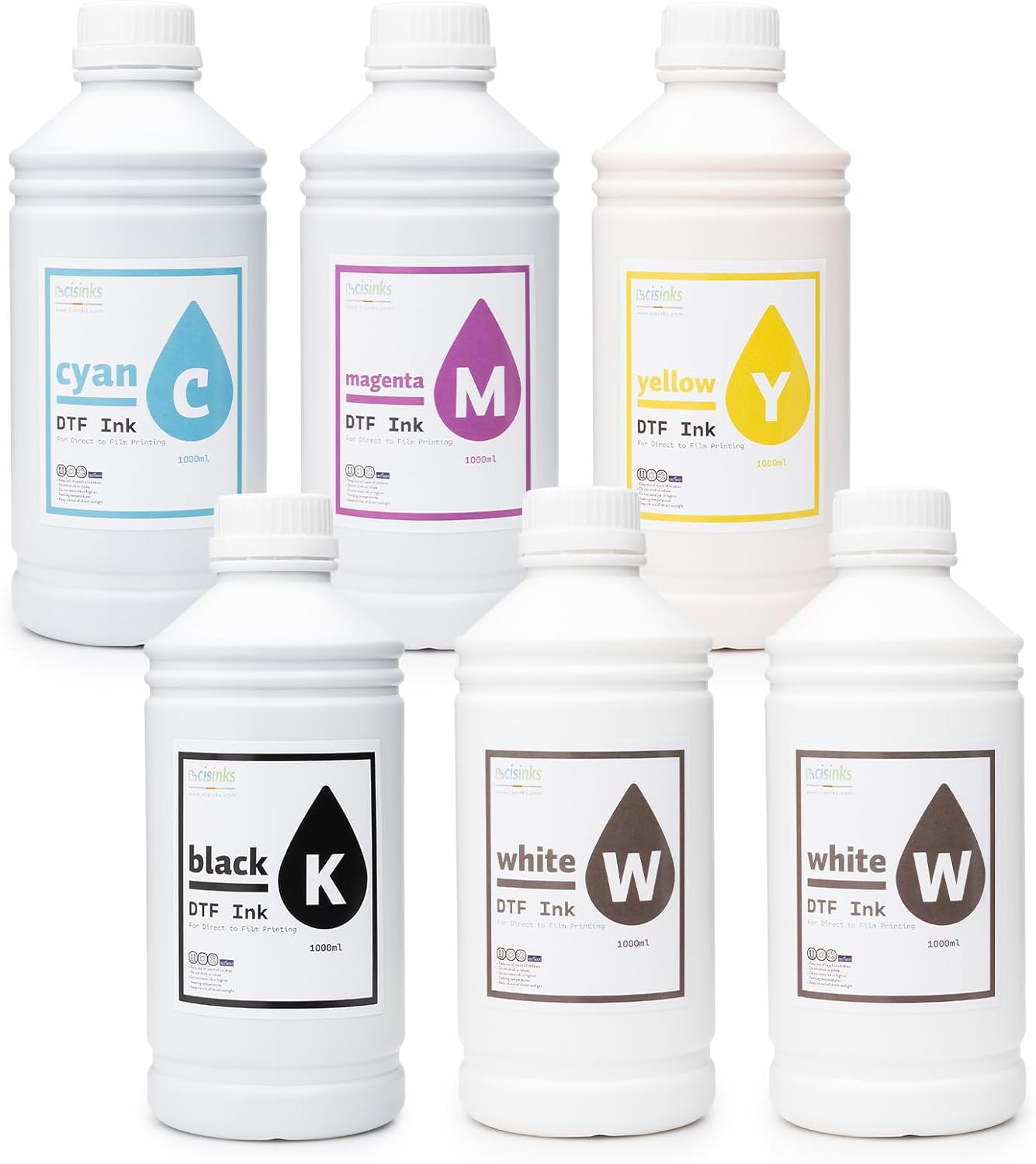 Premium Large DTF Ink Bottle Bulk Refill Set 6000ML (1000ml x 6, CMYK 2X Wh) - Direct to Film Heat Transfer Printing, Conversion Kit, Compatible w/DTF Film Cyan/Magenta/Yellow/Black/2x White