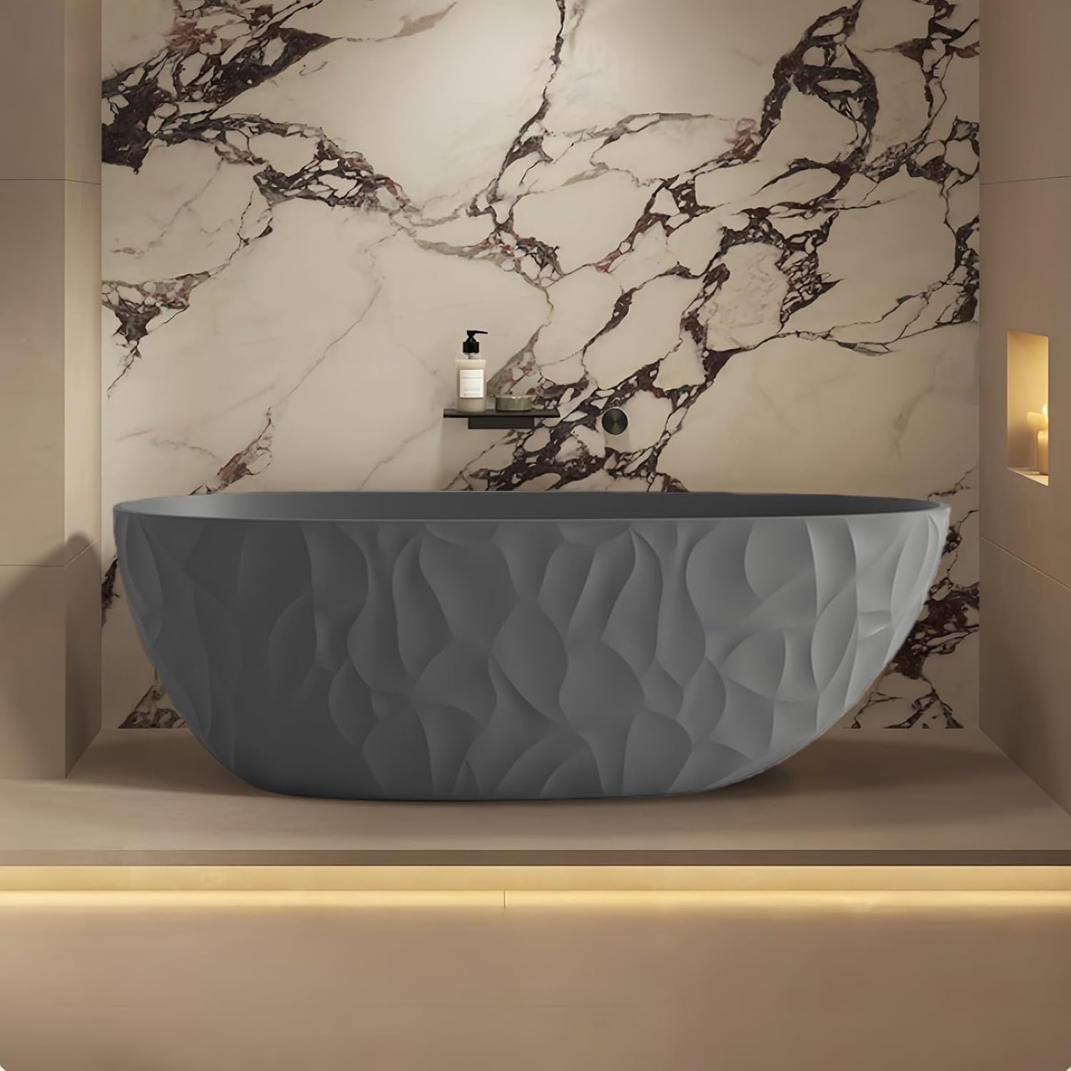 64' Edeyeu Luxury Freestanding Bathtub - Modern Soaker Tub Made of Premium PMMA Solid Surface, Extra Deep Freestanding Tub, Durable Stand Alone Bathtub for Contemporary Bathroom Design Gray
