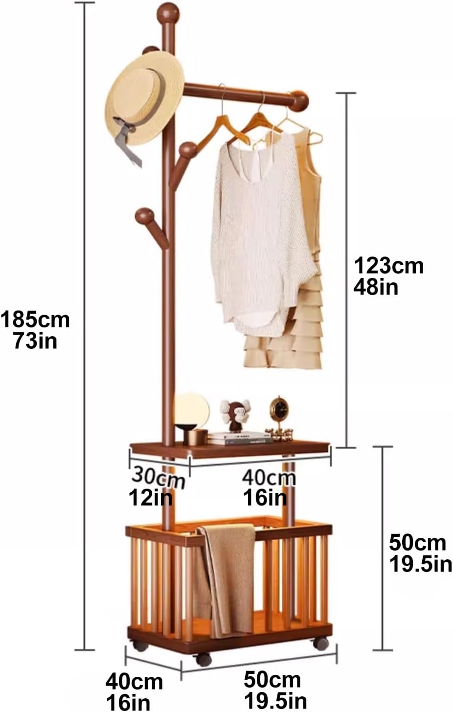 Movable Corner Coat Rack, Wooden Coat Tree Freestanding with 4 Hooks and Storage Basket, Floor-Standing Garment Rack, for Hallway, Bedroom, Living Room(White)