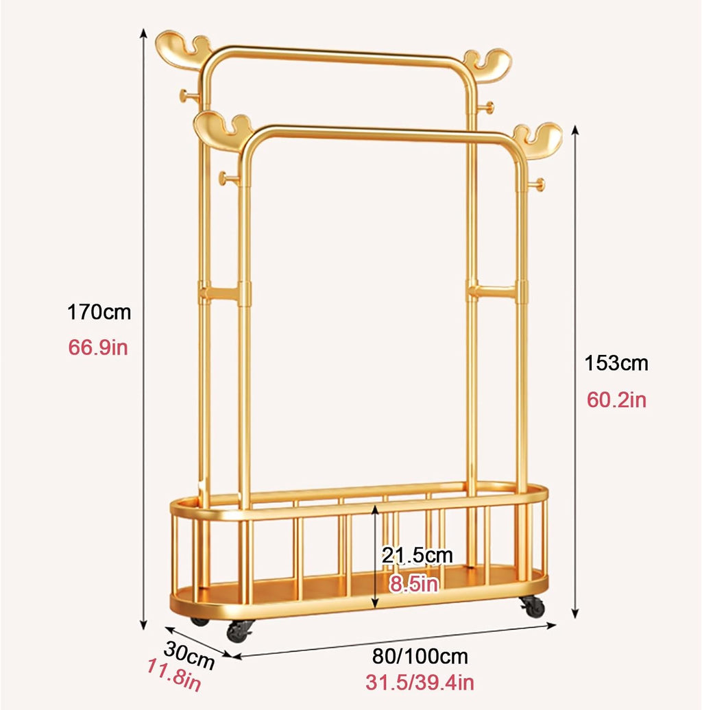Modern Double-Rod Clothing Rack with Storage Shelf, Metal Wardrobe Stand with Wheels, Clothes Racks, Freestanding Garment Organizer for Bedroom or Dressing Area – Gold(60cm(23.6in))