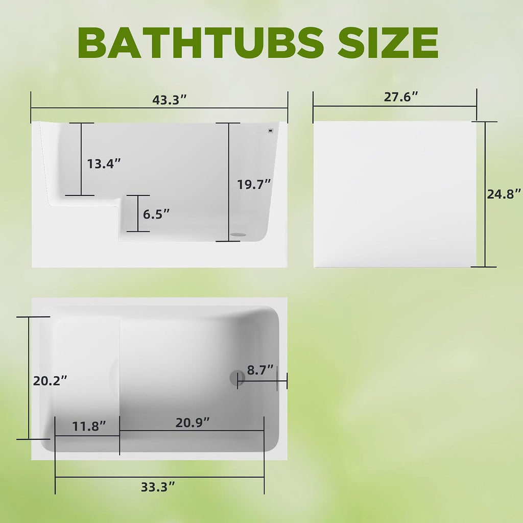 43' Acrylic Freestanding Bathtub with seat: rectangle Shape, Gloss White, Chrome Overflow Pop Up Drain