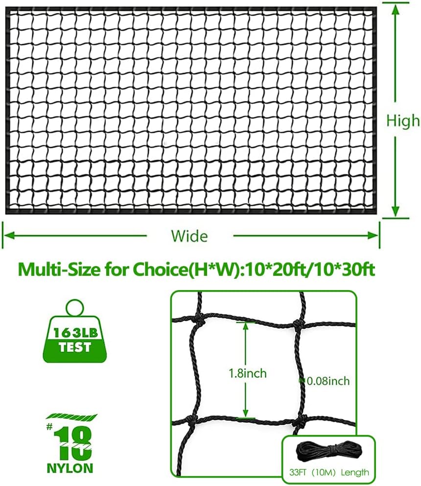 Baseball Softball Backstop Nets, Heavy Duty Sports Netting Barrier #18 Nylon Baseball Netting 10'x20'/10'x30'(Net Only)