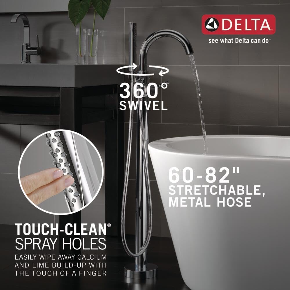 Delta Faucet Trinsic Floor Mount Tub Filler - Freestanding Roman Tub Spout with Handheld Shower - Flexible Shower Hose - Double Check Valves - Chrome, T4759-FL (Rough Sold Separately)