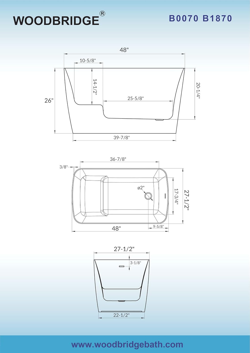 WOODBRIDGE 48' Acrylic Freestanding Square Shape Janpanese Soaking Tub with Pre-molded Seat and Brushed Gold Pop-Up Drain and Overflow Option, White,B0070-BG