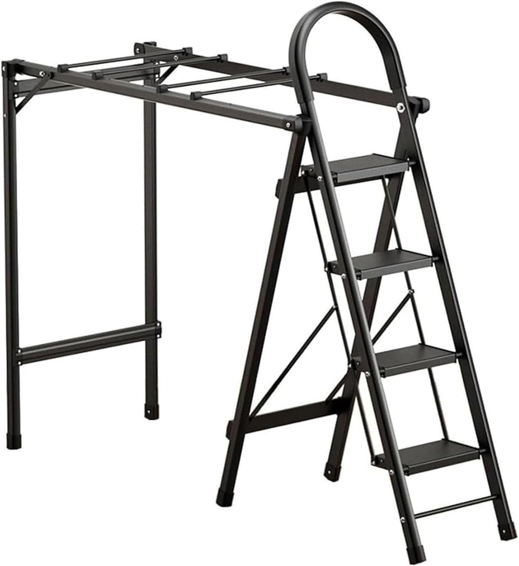 Foldable Drying Racks Garment Racks Free Standing Clothes Rack with Ladder Stretchable Metal Clothing Rack with Double Rod and Tool Tray for Dorm Bedroom Home Balcony(Black)