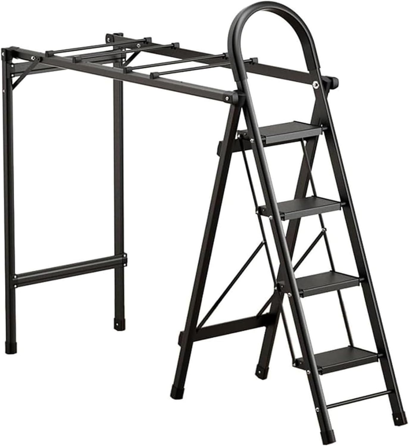 Foldable Drying Racks Garment Racks Free Standing Clothes Rack with Ladder Stretchable Metal Clothing Rack with Double Rod and Tool Tray for Dorm Bedroom Home Balcony(Black)