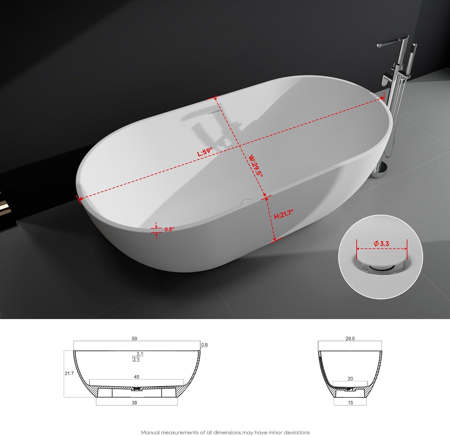 SJ STAR&JANE 59' Solid Surface Freestanding Bathtub, Matte White Oval Soaking Stone Resin Tub with Overflow and Pop-up Drain for Modern Bathrooms