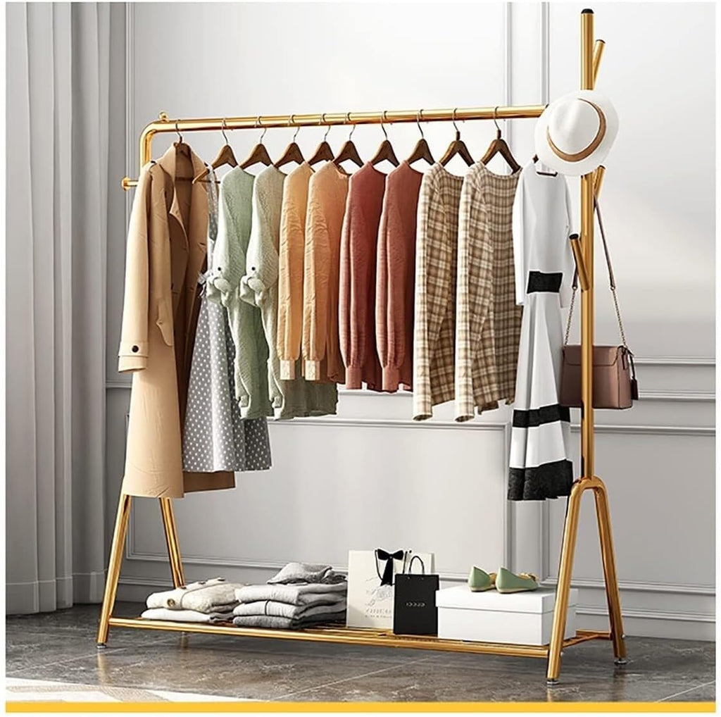 Metal Clothes Rod Rack with Shoe Bench, Coat Stand with Top Rod and Bottom Shelf, Freestanding Garment Rack for Bedroom