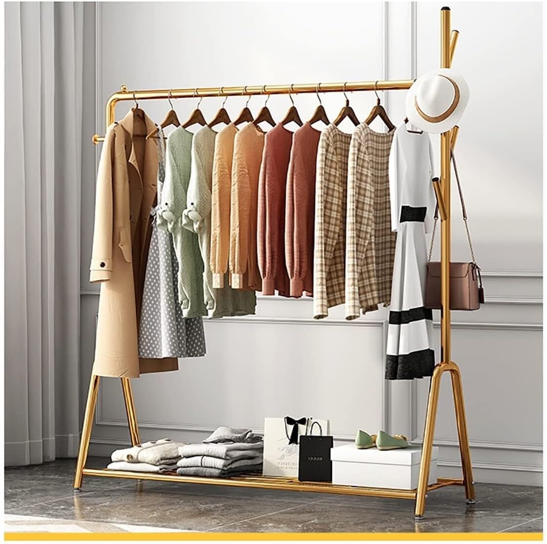 Metal Clothes Rod Rack with Shoe Bench, Coat Stand with Top Rod and Bottom Shelf, Freestanding Garment Rack for Bedroom