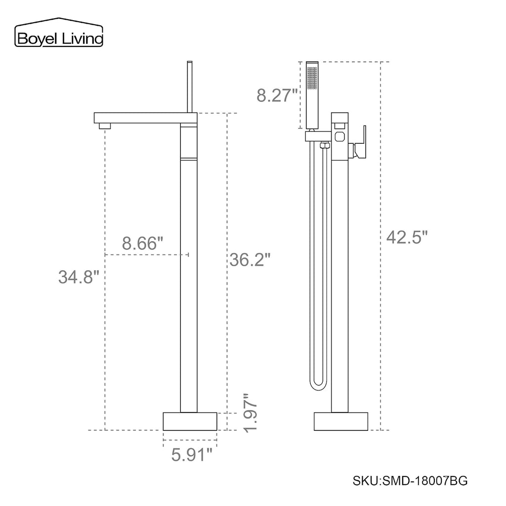 Boyel Living Freestanding Bathtub Faucet Tub Floor Mount Single Handle Filler Faucet with Hand Shower Brushed Gold